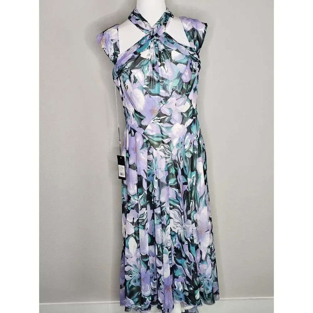 NWT Tadashi Shoji ARLENE CUTOUT HALTER FLORAL MIDI DRESS BUI22121MD Iris Size 12 - Picture 12 of 16